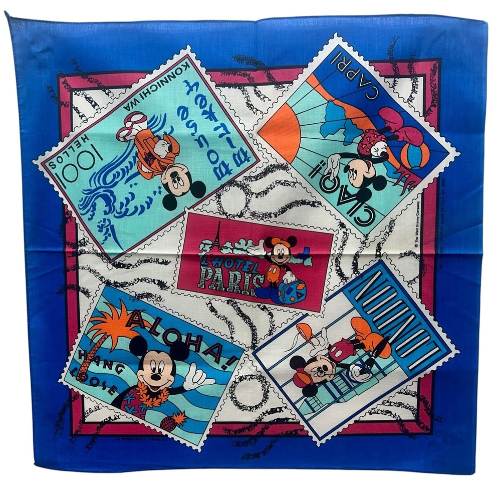 VTG Disney World Mickey Mouse L'Hotel Paris‎ Postcard Stamps Handkerchief Scarf